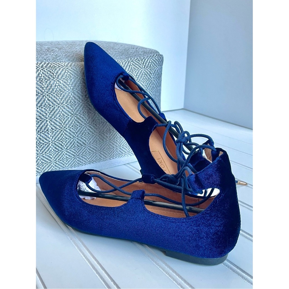 New Sz 6 Navy Blue Velvet Pointed Almond‎ Toe Lace-Up Fairy Flats Ballerina NIB